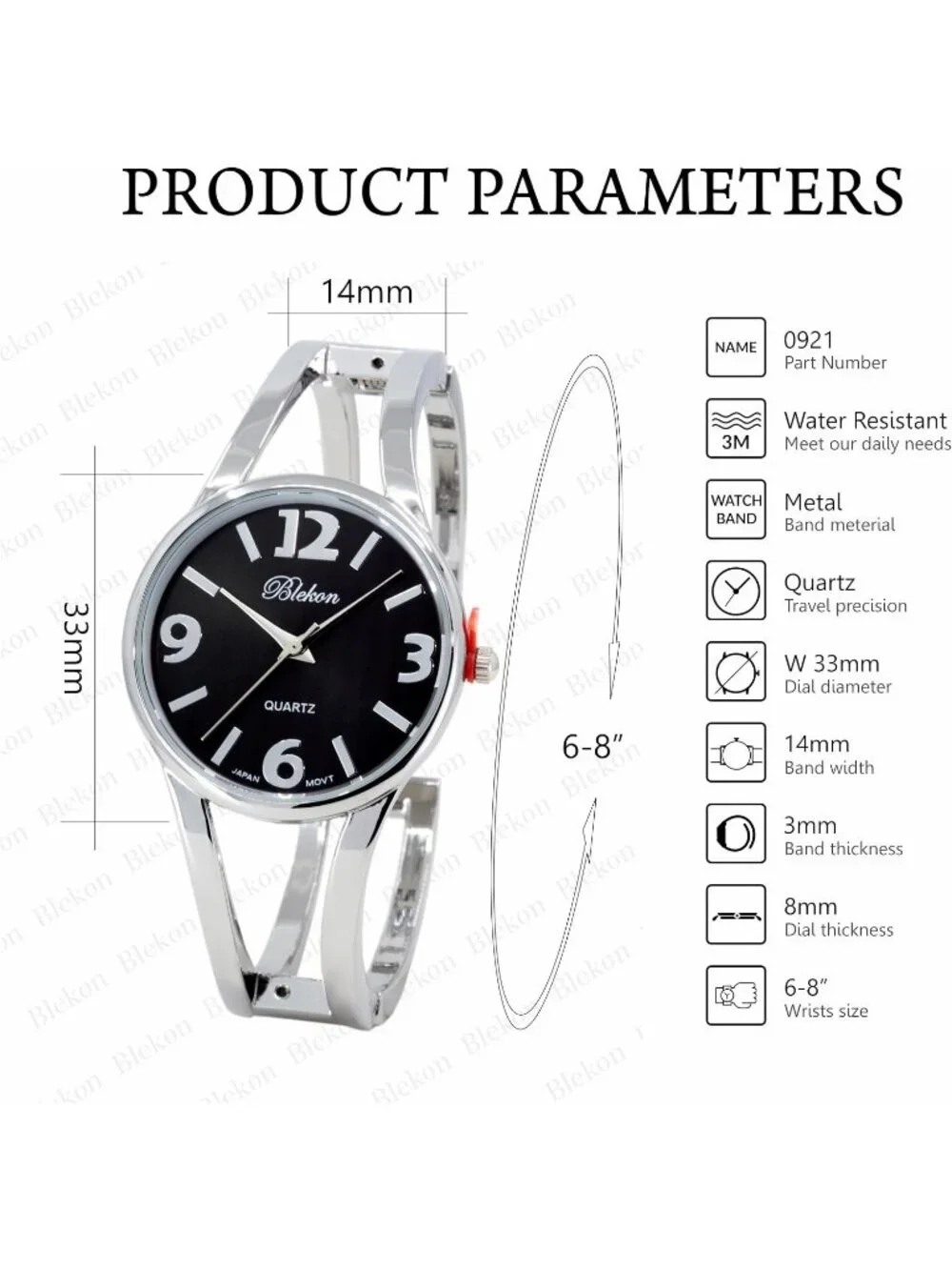 Women's Black/Silver Elegant Analog Quartz Casual Metal Cuff Bangle Design Watch